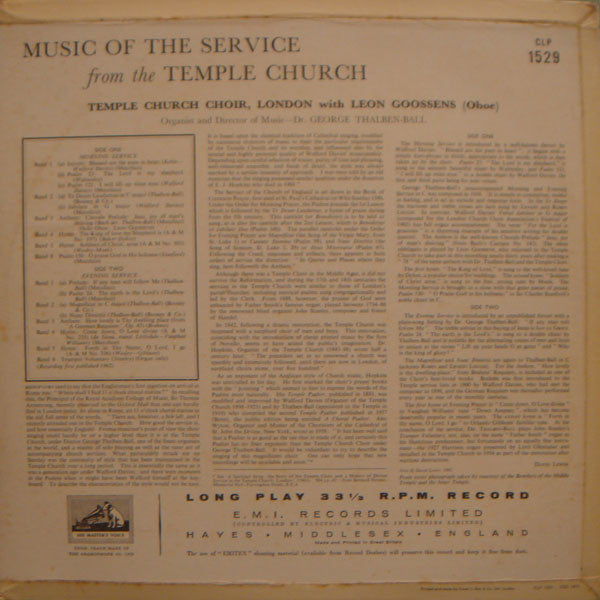 The Choir Of The Temple Church / Leon Goossens / George Thalben-Ball : Music Of The Service (LP, Mono)