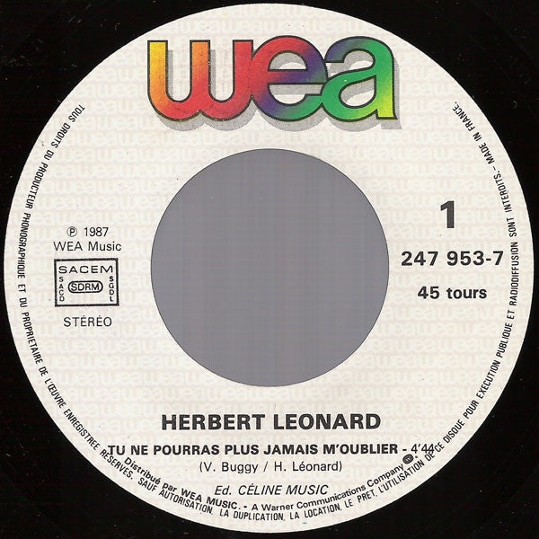 Herbert Léonard : Tu Ne Pourras Plus Jamais M'Oublier (7", Single)