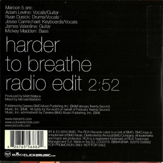 Maroon 5 : Harder To Breathe (CD, Single, Promo, Car)