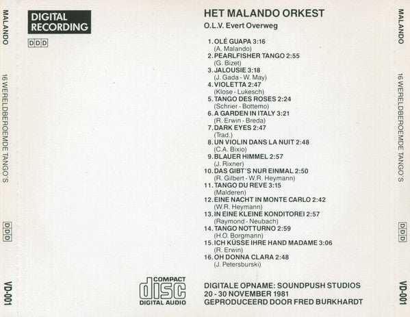 Malando And His Tango Orchestra : 16 Wereldberoemde Tango's (CD, Comp)