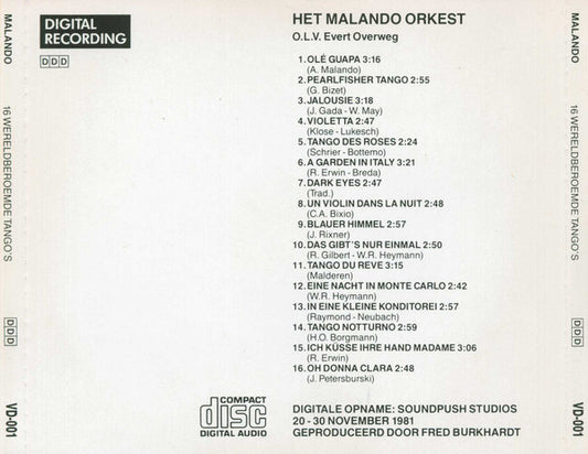 Malando And His Tango Orchestra : 16 Wereldberoemde Tango's (CD, Comp)