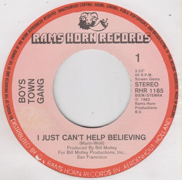 Boys Town Gang : Just Can't Help Believing (7", Single)