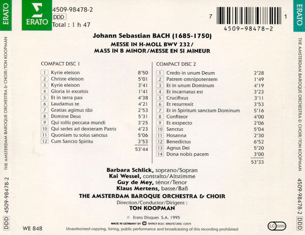 Bach*, Ton Koopman, The Amsterdam Baroque Orchestra And Choir, Schlick*, Wessel*, De Mey*, Mertens* : Messe In H-moll (2xCD, Album)