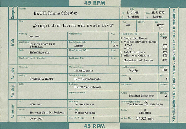 Johann Sebastian Bach : "Singet Dem Herrn Ein Neues Lied" (Motette Für 2 Chöre Zu Je Vier Stimmen, BWV 225) (7", Mono)