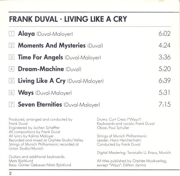 Frank Duval : Living Like A Cry (CD, Album)
