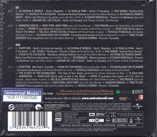 Andrea Bocelli : Concerto: One Night In Central Park (CD, Album + DVD-V, NTSC + Dlx, Har)