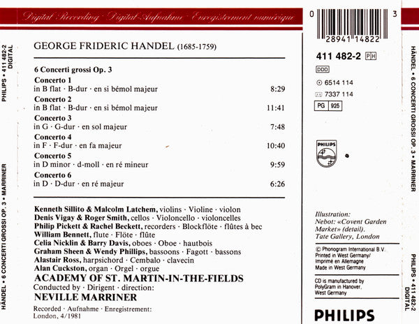 Georg Friedrich Händel - The Academy Of St. Martin-in-the-Fields, Sir Neville Marriner : 6 Concerti Grossi, Op. 3 (CD, Album, RE, PDO)