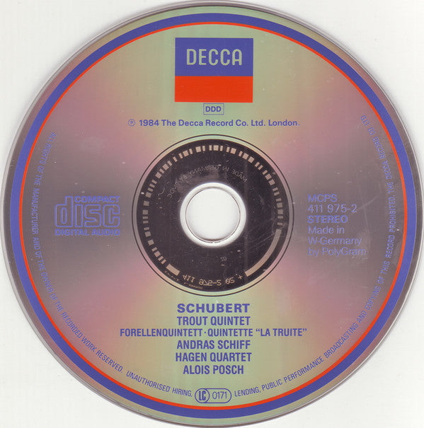 Franz Schubert — András Schiff, Hagen Quartett, Alois Posch : Trout Quintet (CD, Album, RP)