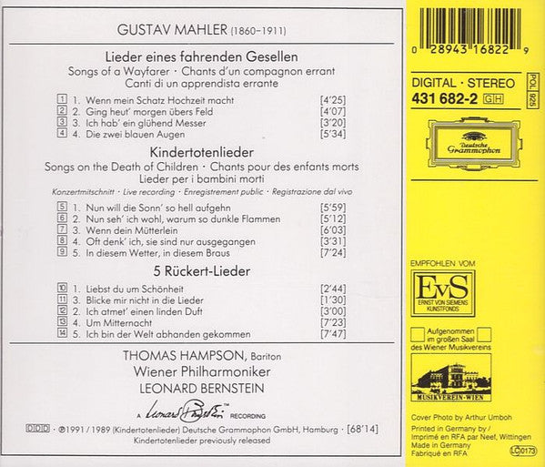 Mahler*, Rückert*, Thomas Hampson, Leonard Bernstein, Wiener Philharmoniker : Lieder Eines Fahrenden Gesellen, Kindertotenlieder, Rückert-Lieder (CD, Album, RE)