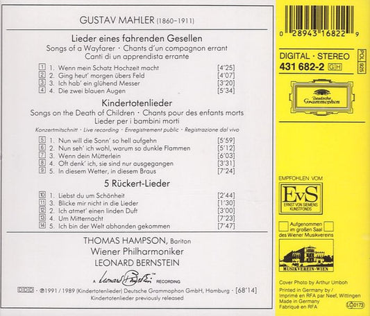 Mahler*, Rückert*, Thomas Hampson, Leonard Bernstein, Wiener Philharmoniker : Lieder Eines Fahrenden Gesellen, Kindertotenlieder, Rückert-Lieder (CD, Album, RE)