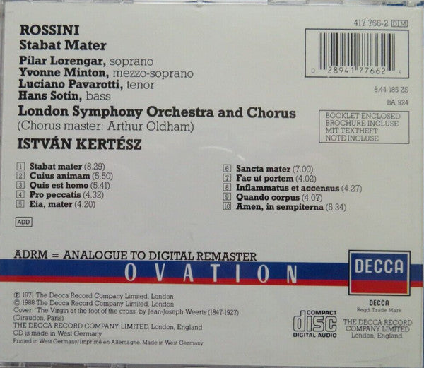 Gioacchino Rossini - Pilar Lorengar · Yvonne Minton · Luciano Pavarotti · Hans Sotin · London Symphony Orchestra And London Symphony Chorus · István Kertész : Stabat Mater (CD, Album, RE, RM)