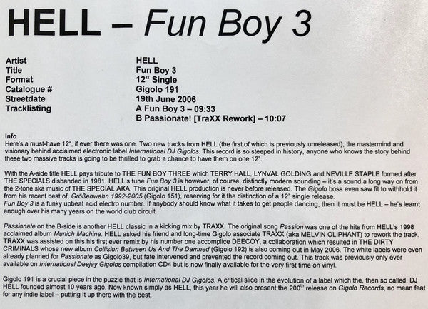 Hell : Fun Boy 3 (12")