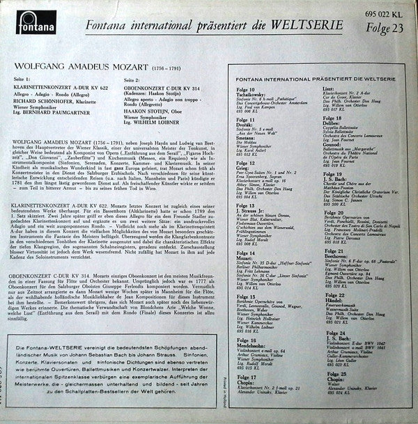 Wolfgang Amadeus Mozart : Kv 622 KlarinettenKonzert A Dur - Kv 314 OboenKonzert C Dur (LP, Mono)
