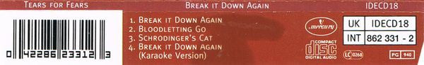 Tears For Fears : Break It Down Again (CD, Single)