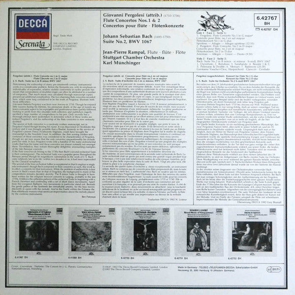 Giovanni Battista Pergolesi / Johann Sebastian Bach, Jean-Pierre Rampal : Flute Concertos No 1 & 2 - Suite Nr. 2 (LP, Comp, RE)