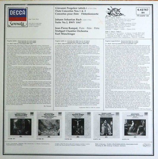 Giovanni Battista Pergolesi / Johann Sebastian Bach, Jean-Pierre Rampal : Flute Concertos No 1 & 2 - Suite Nr. 2 (LP, Comp, RE)