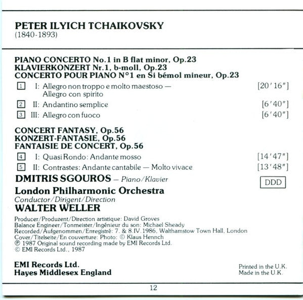 Pyotr Ilyich Tchaikovsky, Dimitris Sgouros, Walter Weller, London Philharmonic Orchestra : Tchaikovsky – Piano Concerto No.1, Concert Fantasy (CD, Album)