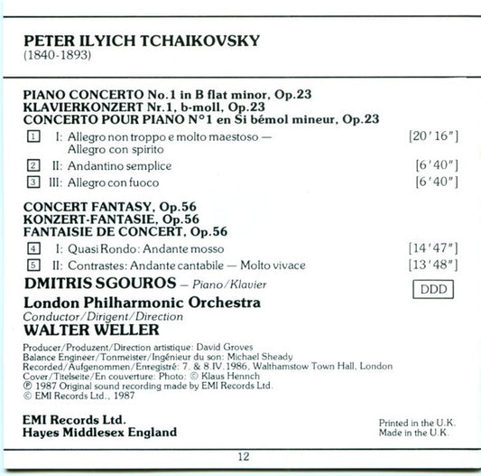 Pyotr Ilyich Tchaikovsky, Dimitris Sgouros, Walter Weller, London Philharmonic Orchestra : Tchaikovsky – Piano Concerto No.1, Concert Fantasy (CD, Album)