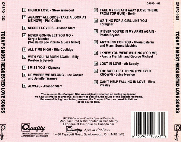 Various : Today's Most Requested Love Songs (CD, Comp)