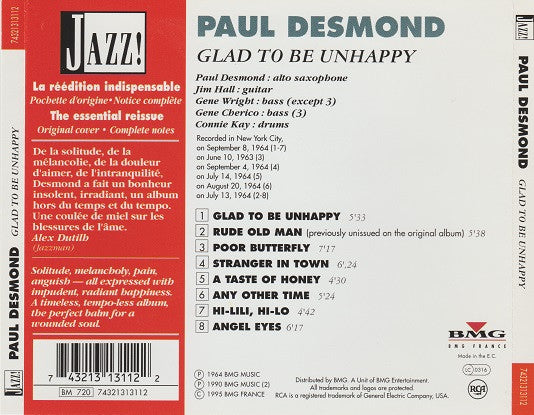 Paul Desmond Featuring  Jim Hall : Glad To Be Unhappy (CD, Album, RM)