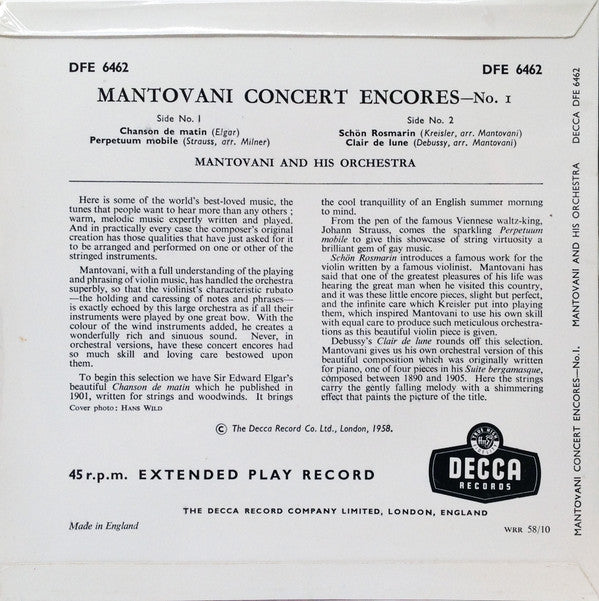 Mantovani And His Orchestra : Concert Encores (7", EP)