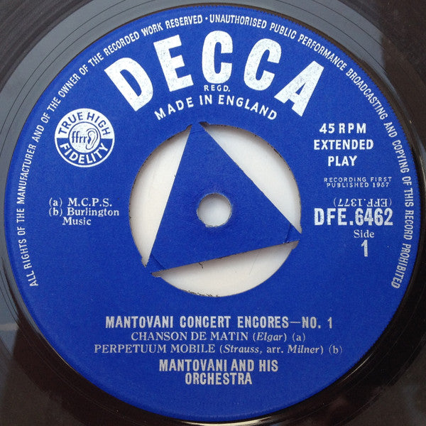 Mantovani And His Orchestra : Concert Encores (7", EP)