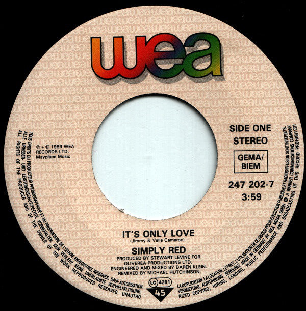 Simply Red : It's Only Love (7", Single)