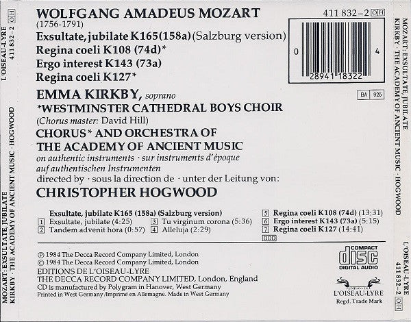 Wolfgang Amadeus Mozart / Emma Kirkby, Westminster Cathedral Choir, The Academy Of Ancient Music Chorus & The Academy Of Ancient Music, Christopher Hogwood : Exsultate Jubilate / Motets · Motetten (CD, Album, RE)