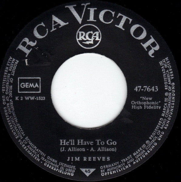 Jim Reeves : He'll Have To Go (7", Single)