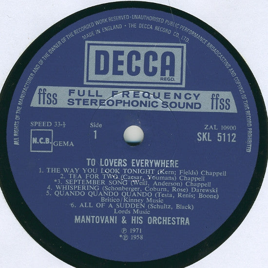 Mantovani And His Orchestra : To Lovers Everywhere  (LP)
