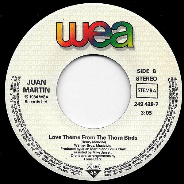 Henry Mancini And His Orchestra, Juan Martin : The Thorn Birds Theme (7", Single)