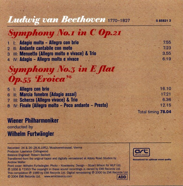 Ludwig van Beethoven - Wilhelm Furtwängler, Wiener Philharmoniker : Symphony No. 1 / Symphony No. 3 "Eroica"  (CD, Comp, Mono, RM)