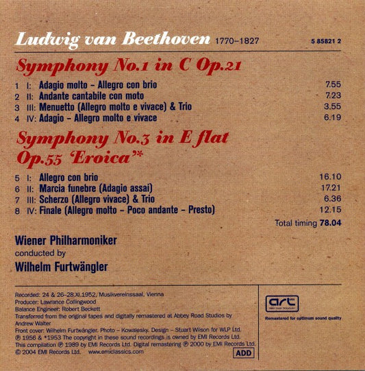 Ludwig van Beethoven - Wilhelm Furtwängler, Wiener Philharmoniker : Symphony No. 1 / Symphony No. 3 "Eroica"  (CD, Comp, Mono, RM)