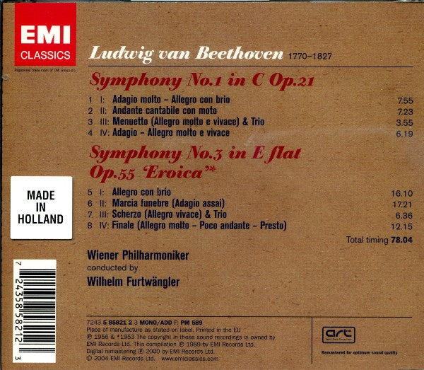 Ludwig van Beethoven - Wilhelm Furtwängler, Wiener Philharmoniker : Symphony No. 1 / Symphony No. 3 "Eroica"  (CD, Comp, Mono, RM)