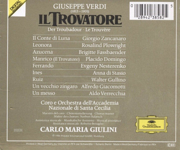 Giuseppe Verdi - Placido Domingo, Rosalind Plowright, Brigitte Fassbaender, Giorgio Zancanaro, Evgeny Nesterenko, Coro Dell'Accademia Nazionale Di Santa Cecilia E Orchestra Dell'Accademia Nazionale Di Santa Cecilia, Carlo Maria Giulini : Il Trovatore (2xCD, Album, RE + Box, Sli)