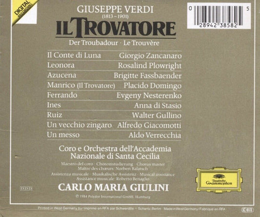 Giuseppe Verdi - Placido Domingo, Rosalind Plowright, Brigitte Fassbaender, Giorgio Zancanaro, Evgeny Nesterenko, Coro Dell'Accademia Nazionale Di Santa Cecilia E Orchestra Dell'Accademia Nazionale Di Santa Cecilia, Carlo Maria Giulini : Il Trovatore (2xCD, Album, RE + Box, Sli)