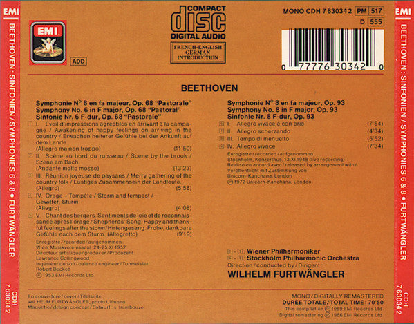 Ludwig van Beethoven - Wiener Philharmoniker, Stockholms Konsertförenings Orkester, Wilhelm Furtwängler : Sinfonien/Symphonies Nos 6 & 8 (CD, Comp, Mono, RE, RM)