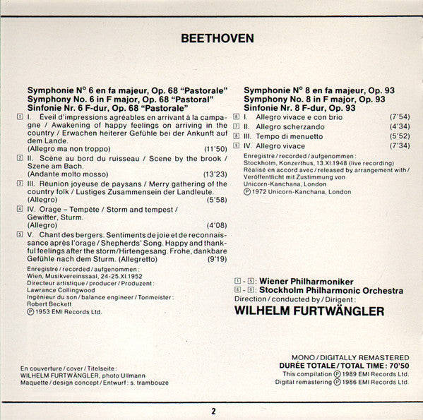 Ludwig van Beethoven - Wiener Philharmoniker, Stockholms Konsertförenings Orkester, Wilhelm Furtwängler : Sinfonien/Symphonies Nos 6 & 8 (CD, Comp, Mono, RE, RM)
