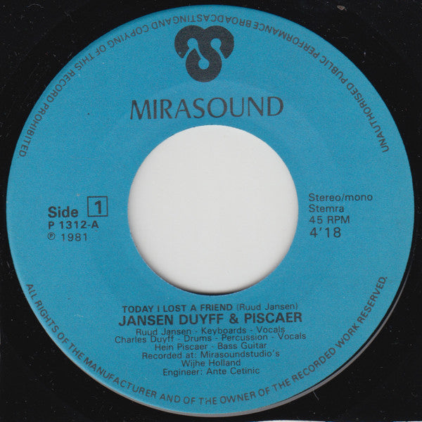 Jansen Duyff & Piscaer : Today I Lost A Friend / Melafunk (7", Single)