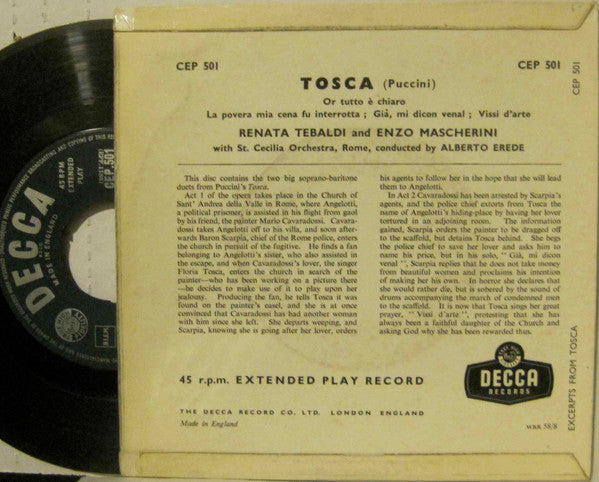 Giacomo Puccini / Renata Tebaldi ' Giuseppe Campora ' Enzo Mascherini ' Orchestra dell'Accademia Nazionale di Santa Cecilia And Coro dell'Accademia Nazionale di Santa Cecilia : Tosca (Puccini) Excerpts (7", EP)