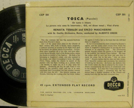 Giacomo Puccini / Renata Tebaldi ' Giuseppe Campora ' Enzo Mascherini ' Orchestra dell'Accademia Nazionale di Santa Cecilia And Coro dell'Accademia Nazionale di Santa Cecilia : Tosca (Puccini) Excerpts (7", EP)