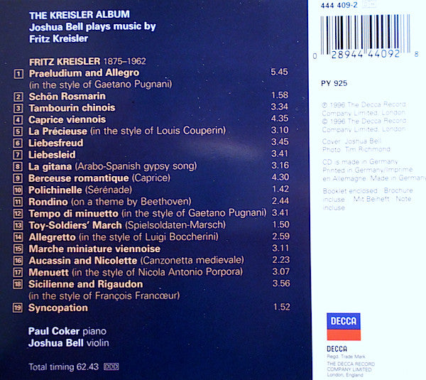 Fritz Kreisler - Joshua Bell, Paul Coker : The Kreisler Album (CD, Album)