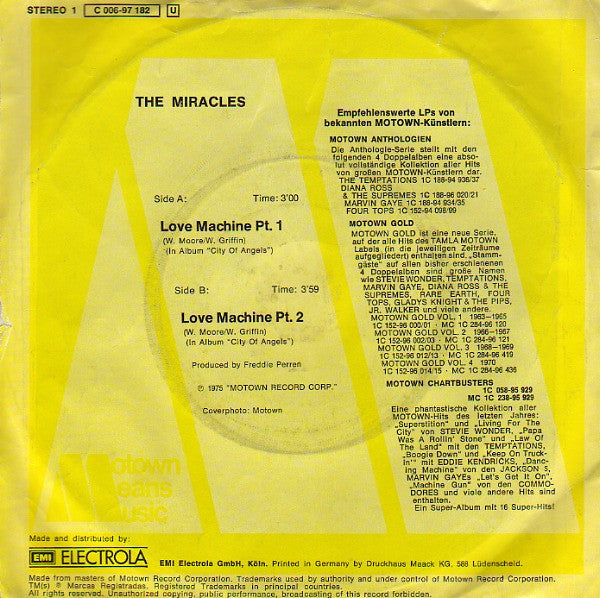 The Miracles : Love Machine (7", Single)
