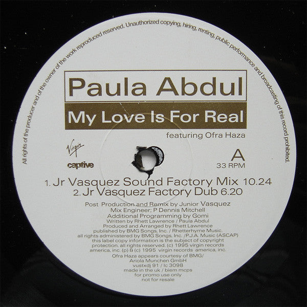 Paula Abdul : My Love Is For Real (12", MP, Promo)