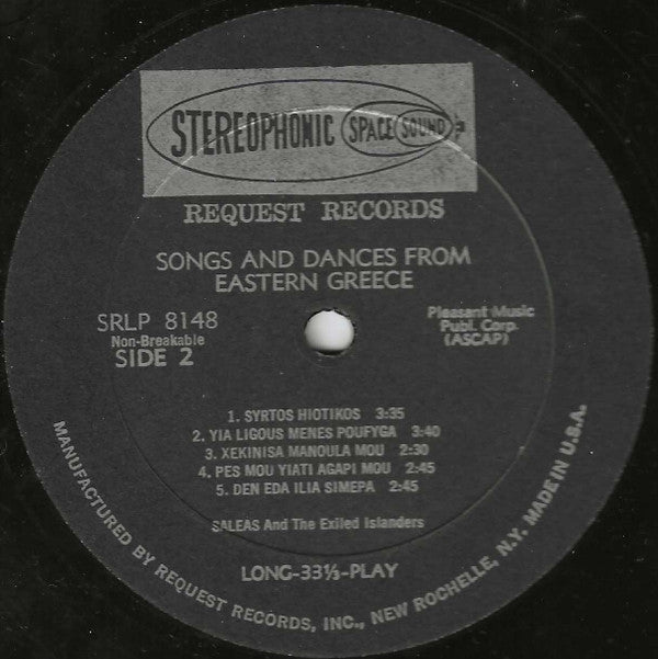Βασίλης Σαλέας (2) - Μπέμπα Διαμαντοπούλου - Γιώργος Ράντης - Στέφανος Βαρλάμος - Ιωσήφ Κιορχαντζιάν, Μιχάλης Χιώτης, Στάθης Θεσσαλονικιός : Songs And Dances From Eastern Greece (LP)
