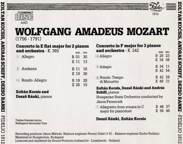 Wolfgang Amadeus Mozart - Zoltán Kocsis, András Schiff, Dezső Ránki, Hungarian State Orchestra conducted by János Ferencsik : Concertos For 2 & 3 Pianos (CD, Album)