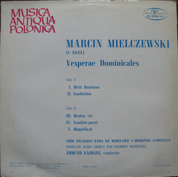 Marcin Mielczewski, Chór Polskiego Radia We Wrocławiu And Warszawska Orkiestra Kameralna, Edmund Kajdasz : Vesperae Dominicales (LP, Album, Mono, Blu)