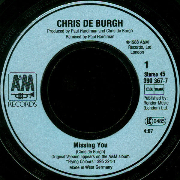 Chris de Burgh : Missing You (7", Single)
