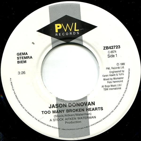 Jason Donovan : Too Many Broken Hearts (7", Single)