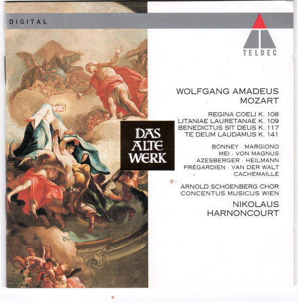 Wolfgang Amadeus Mozart, Barbara Bonney, Charlotte Margiono, Eva Mei, Elisabeth Von Magnus, Kurt Azesberger, Uwe Heilmann, Christoph Prégardien, Deon van der Walt, Gilles Cachemaille, Arnold Schoenberg Chor, Concentus Musicus Wien, Nikolaus Harnoncourt : Mozart: Litanie K. 109 ; Regina Coeli K. 108 ; Concentus Musicus Wien ; Harnoncourt (CD, Album)